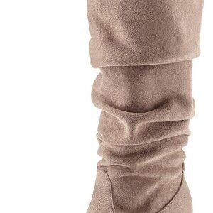 Women's Taupe Pointed Toe Cowboy Knee-High Boots with Zippers and Chunky Heel